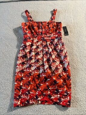 Ivy + Blu Red Floral Structured Cotton Midi Dress Size 6 New